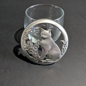 Seagull Canada trinket dish glass jar with pewter lid 1988 cat with flowers